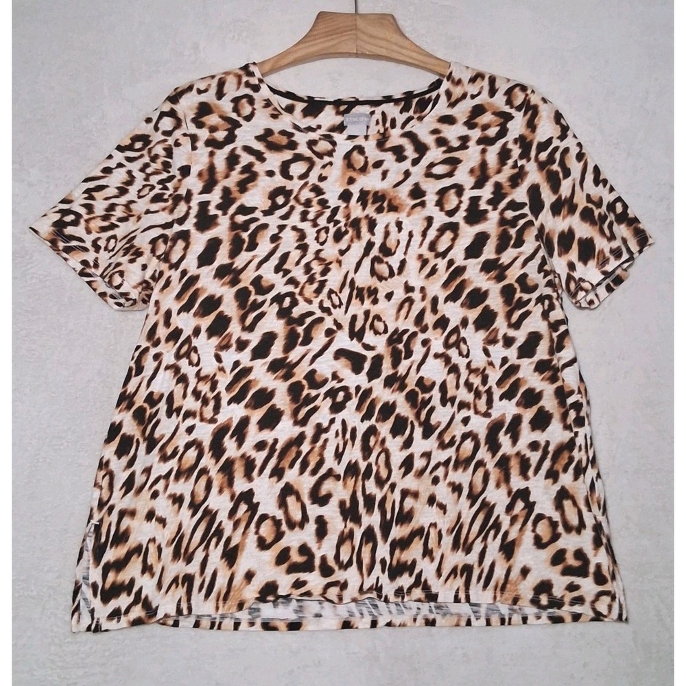 Chicos Top Womens Size XL Brown Short Sleeve Classic Animal Leopard Print